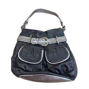 B. Makowsky Womens Black & Silver Leather Hobo Handbag Purse SKU 7813